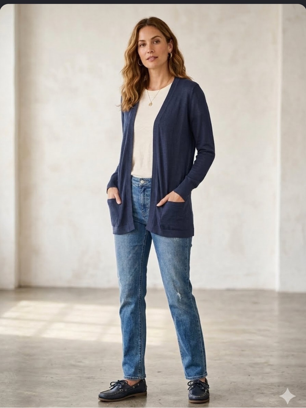 Atmosphere lightweight nautical style navy blue open-front cardigan